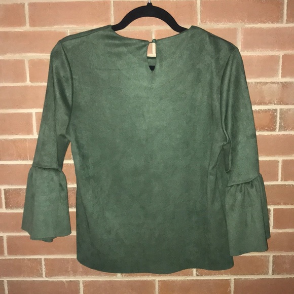 Green Faux Suede Bell Sleeve Blouse - Picture 4 of 4